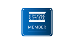 New York City Bar membership badge: blue square with “NEW YORK CITY BAR – MEMBER” text.
